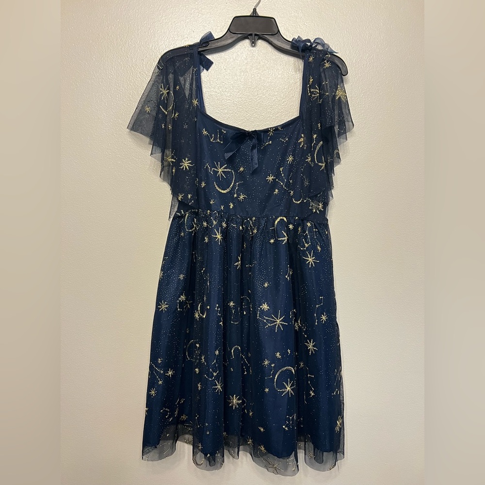 Navy Blue Mesh Celestial Gold Stars Design Tulle Baby Doll Starfall Dress